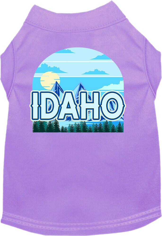 A medium to large pet wearing a stylish Idaho Trailblazer screen printed shirt, showcasing its soft fabric and durable design.