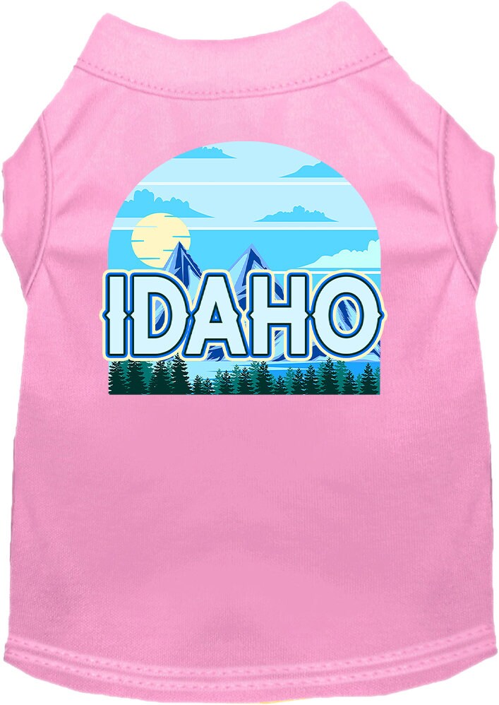 A medium to large pet wearing a stylish Idaho Trailblazer screen printed shirt, showcasing its soft fabric and durable design.