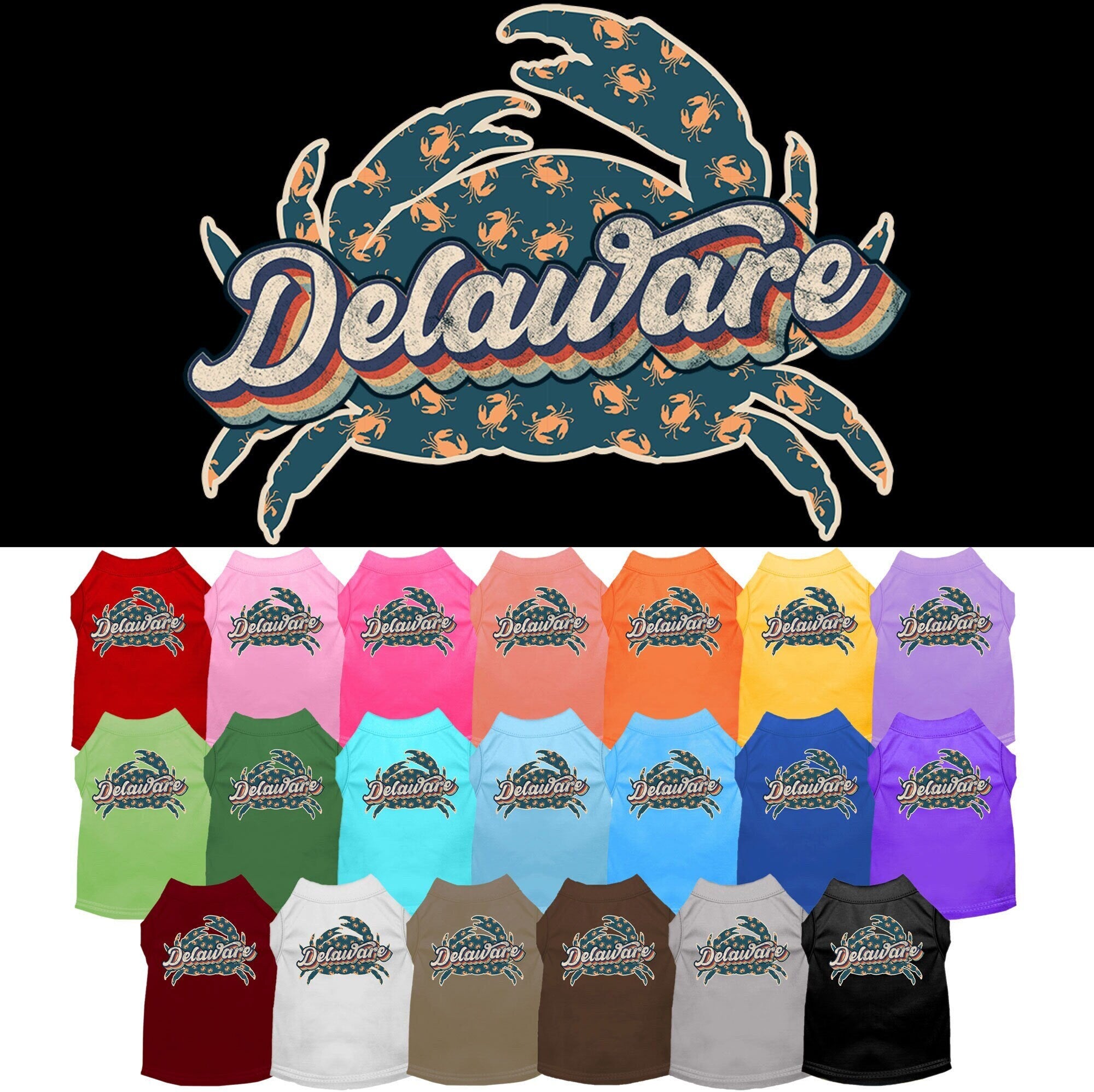 A medium to large pet wearing a soft, comfy screen printed shirt featuring a colorful 'Delaware Retro Crabs' design.