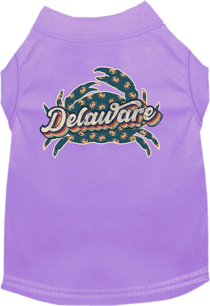 A medium to large pet wearing a soft, comfy screen printed shirt featuring a colorful 'Delaware Retro Crabs' design.