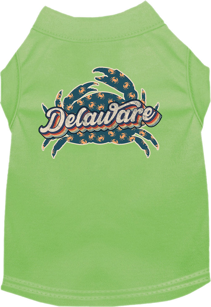 A medium to large pet wearing a soft, comfy screen printed shirt featuring a colorful 'Delaware Retro Crabs' design.