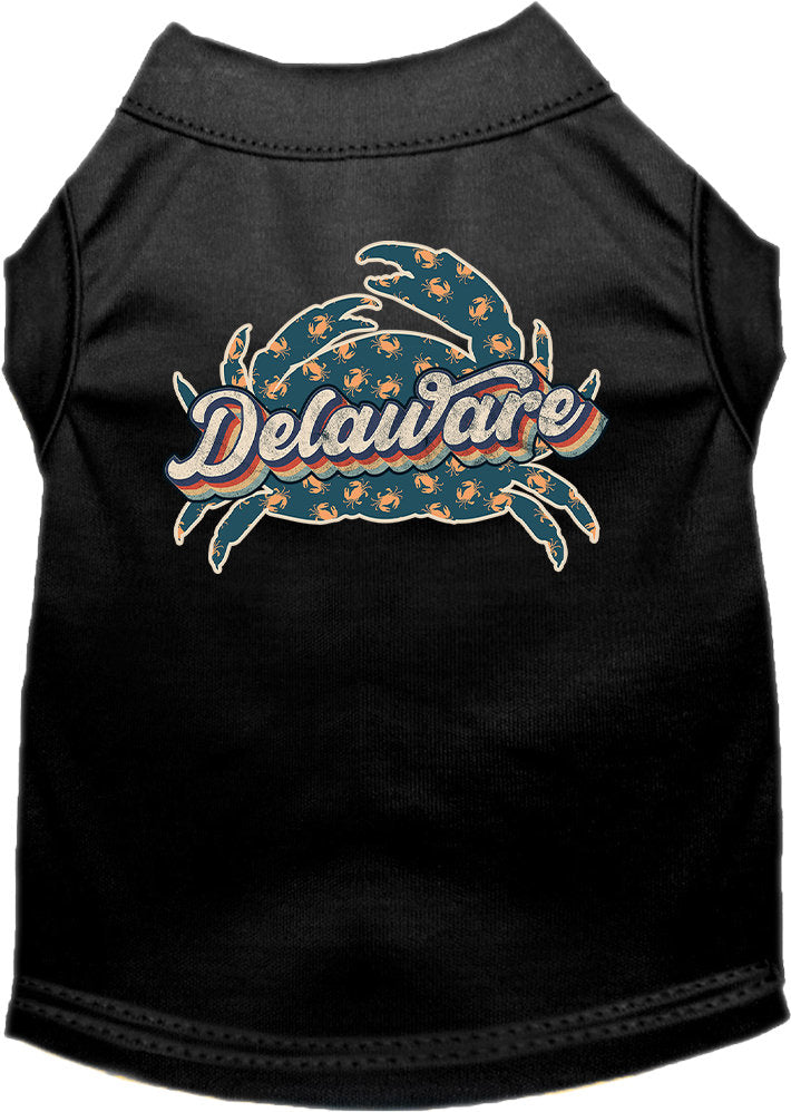 A medium to large pet wearing a soft, comfy screen printed shirt featuring a colorful 'Delaware Retro Crabs' design.