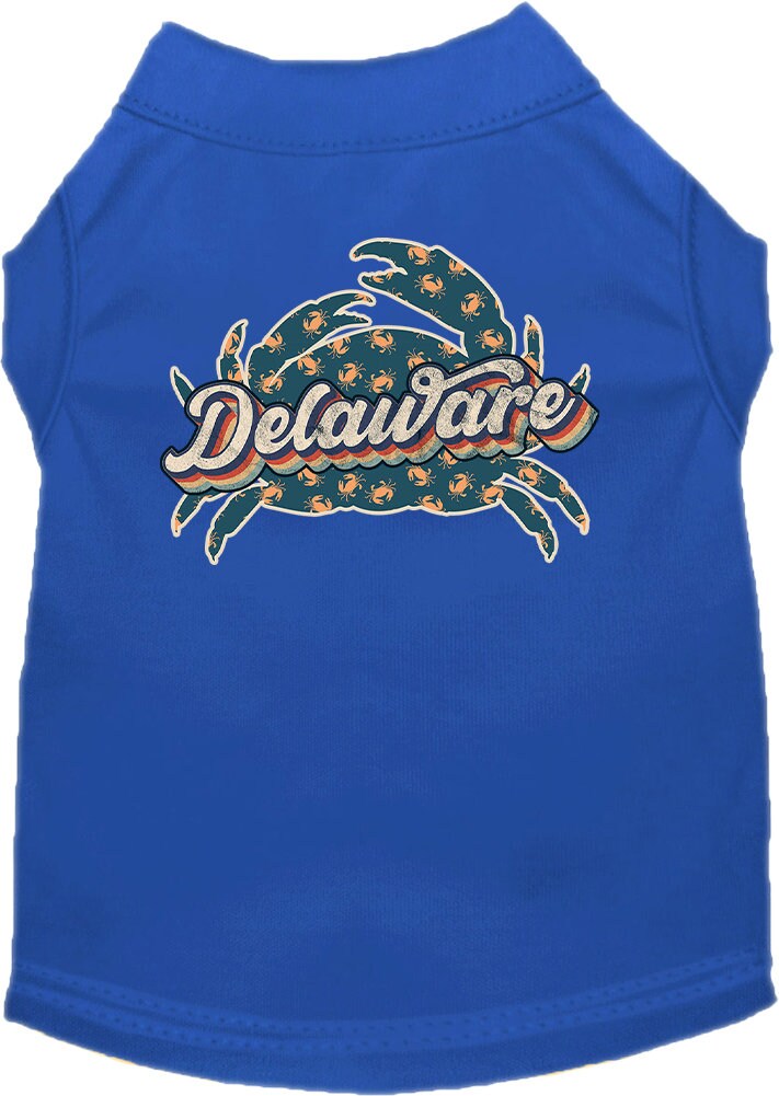 A medium to large pet wearing a soft, comfy screen printed shirt featuring a colorful 'Delaware Retro Crabs' design.