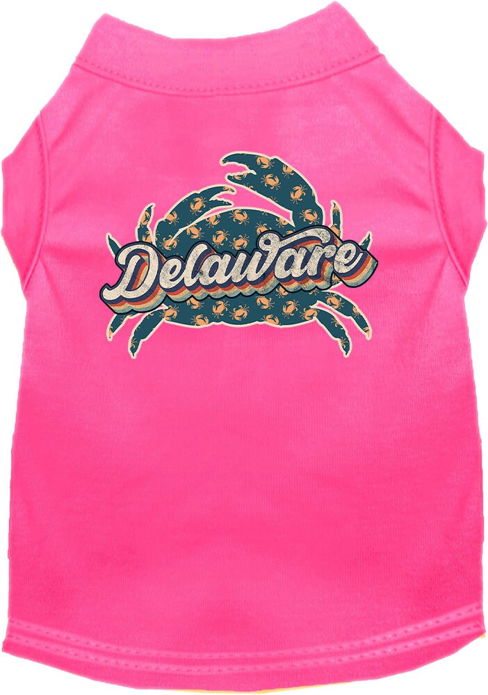A medium to large pet wearing a soft, comfy screen printed shirt featuring a colorful 'Delaware Retro Crabs' design.