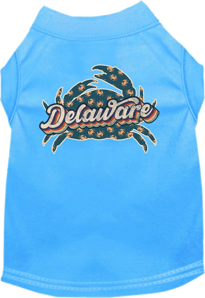 A medium to large pet wearing a soft, comfy screen printed shirt featuring a colorful 'Delaware Retro Crabs' design.