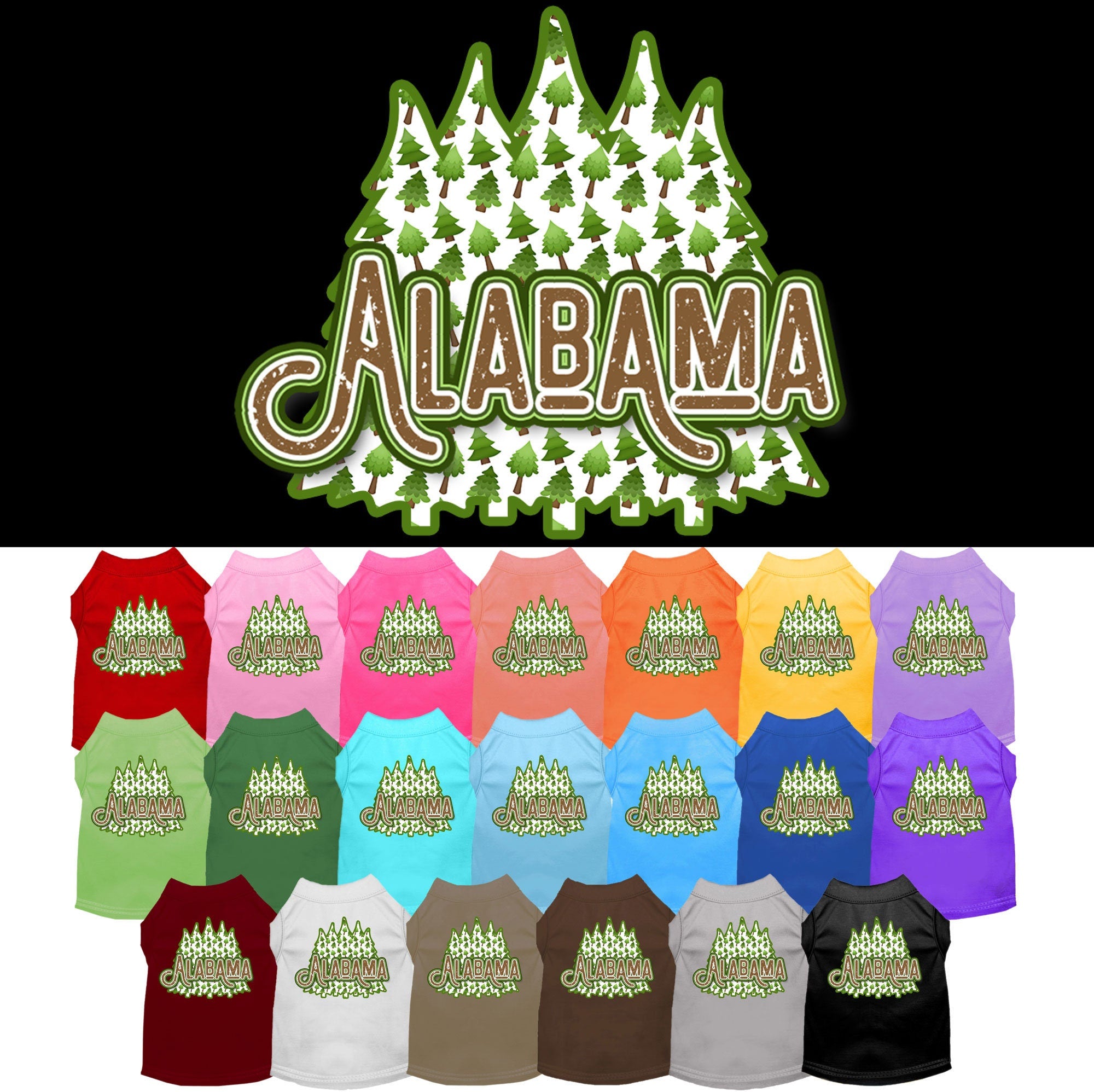 A medium to large pet wearing a stylish screen printed shirt featuring Alabama Woodland Trees design, showcasing comfort and durability.