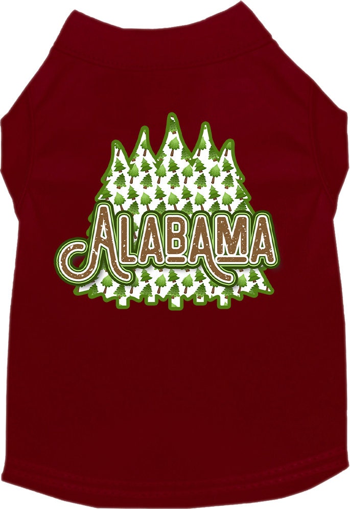 A medium to large pet wearing a stylish screen printed shirt featuring Alabama Woodland Trees design, showcasing comfort and durability.