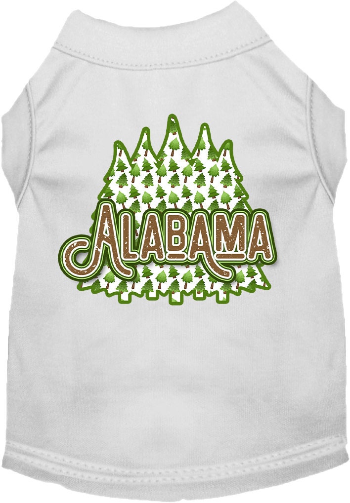 A medium to large pet wearing a stylish screen printed shirt featuring Alabama Woodland Trees design, showcasing comfort and durability.
