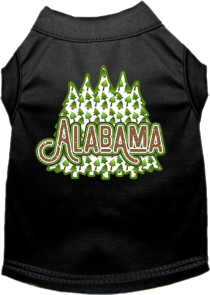 A medium to large pet wearing a stylish screen printed shirt featuring Alabama Woodland Trees design, showcasing comfort and durability.