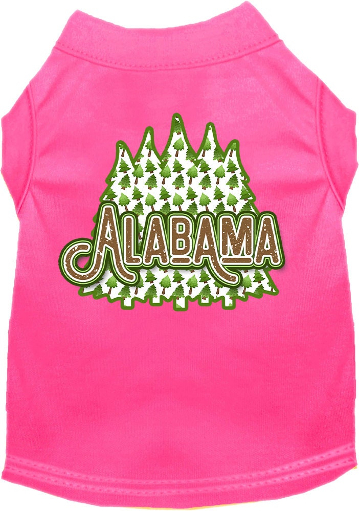 A medium to large pet wearing a stylish screen printed shirt featuring Alabama Woodland Trees design, showcasing comfort and durability.