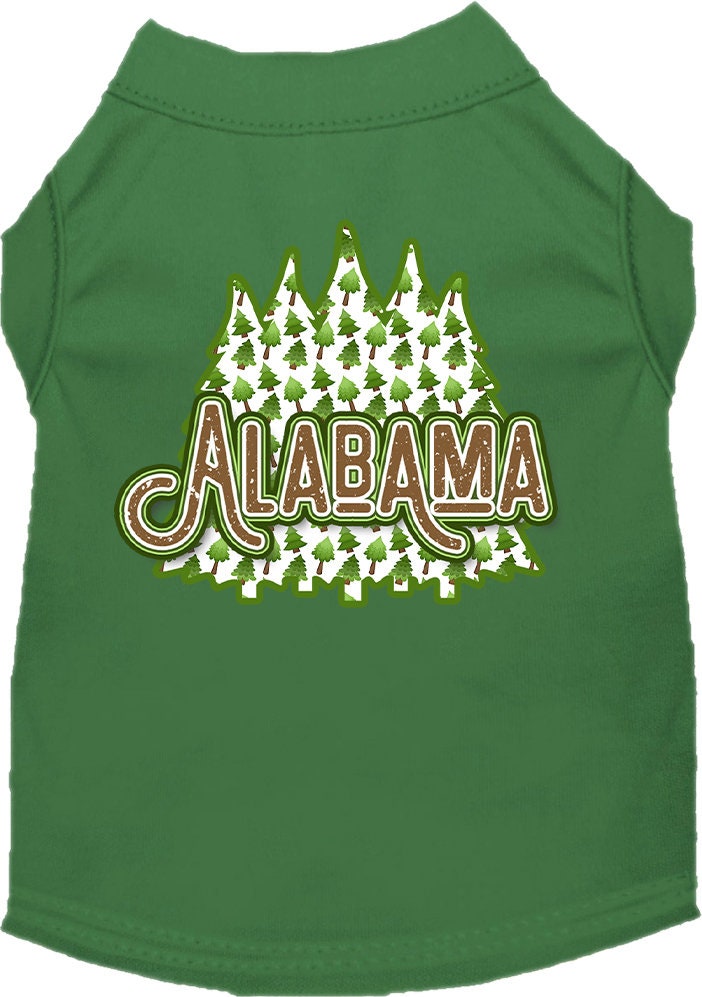 A medium to large pet wearing a stylish screen printed shirt featuring Alabama Woodland Trees design, showcasing comfort and durability.