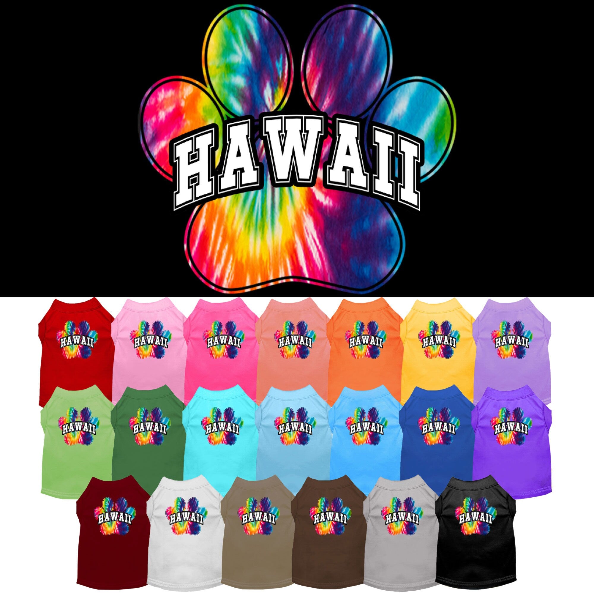 A vibrant 'Hawaii Bright Tie Dye' screen printed shirt for medium to large dogs and cats, showcasing a colorful design and soft fabric.