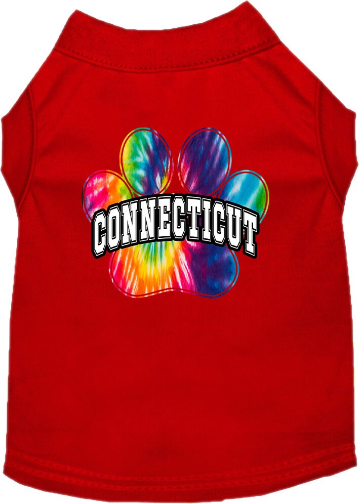 A vibrant Connecticut Bright Tie Dye shirt designed for medium to large dogs and cats, showcasing its soft fabric and double-stitched seams.