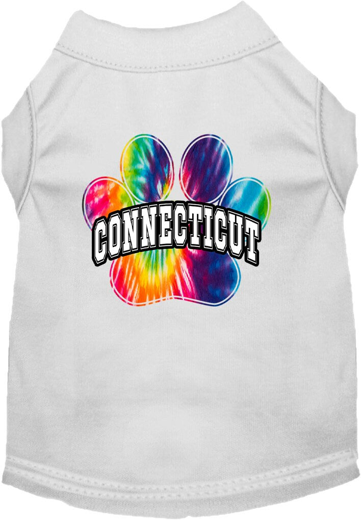 A vibrant Connecticut Bright Tie Dye shirt designed for medium to large dogs and cats, showcasing its soft fabric and double-stitched seams.