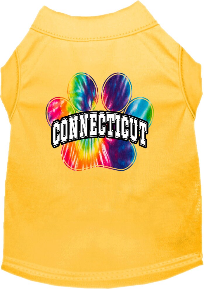 A vibrant Connecticut Bright Tie Dye shirt designed for medium to large dogs and cats, showcasing its soft fabric and double-stitched seams.