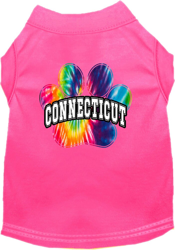 A vibrant Connecticut Bright Tie Dye shirt designed for medium to large dogs and cats, showcasing its soft fabric and double-stitched seams.
