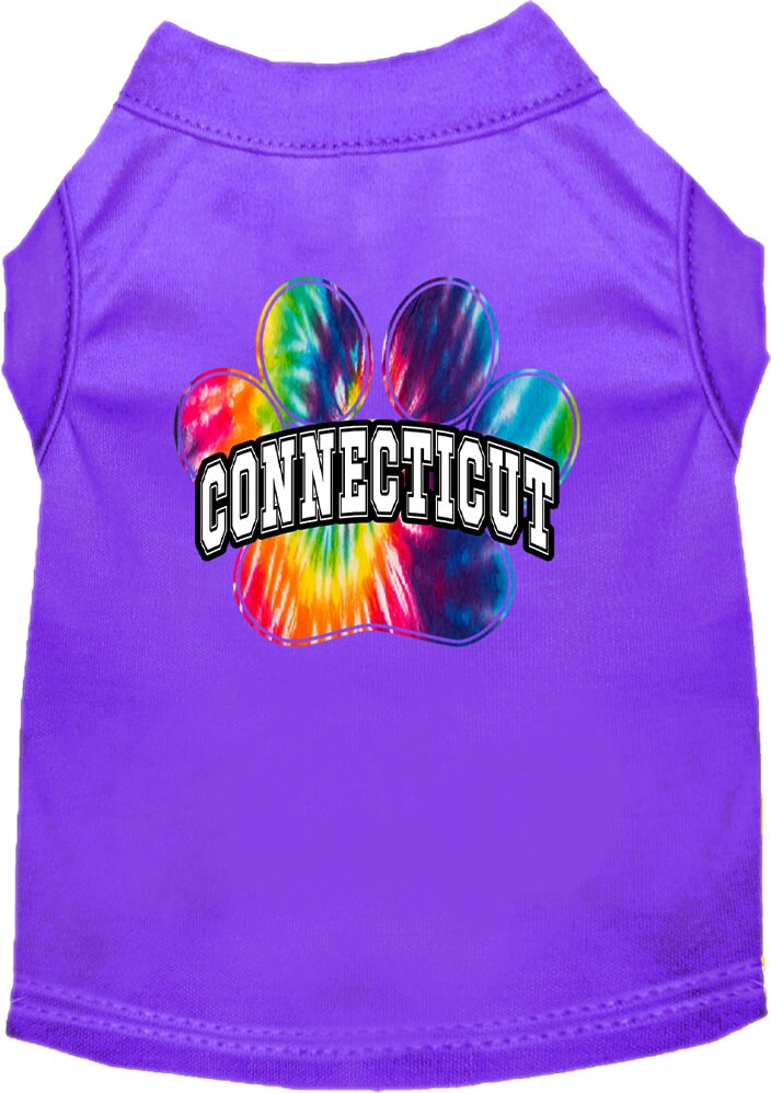 A vibrant Connecticut Bright Tie Dye shirt designed for medium to large dogs and cats, showcasing its soft fabric and double-stitched seams.