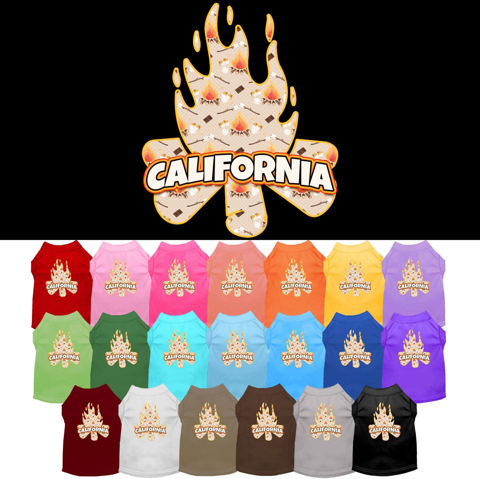 A soft and comfy screen printed shirt for medium to large pets featuring a 'California Around The Campfire' design, perfect for dogs and cats.