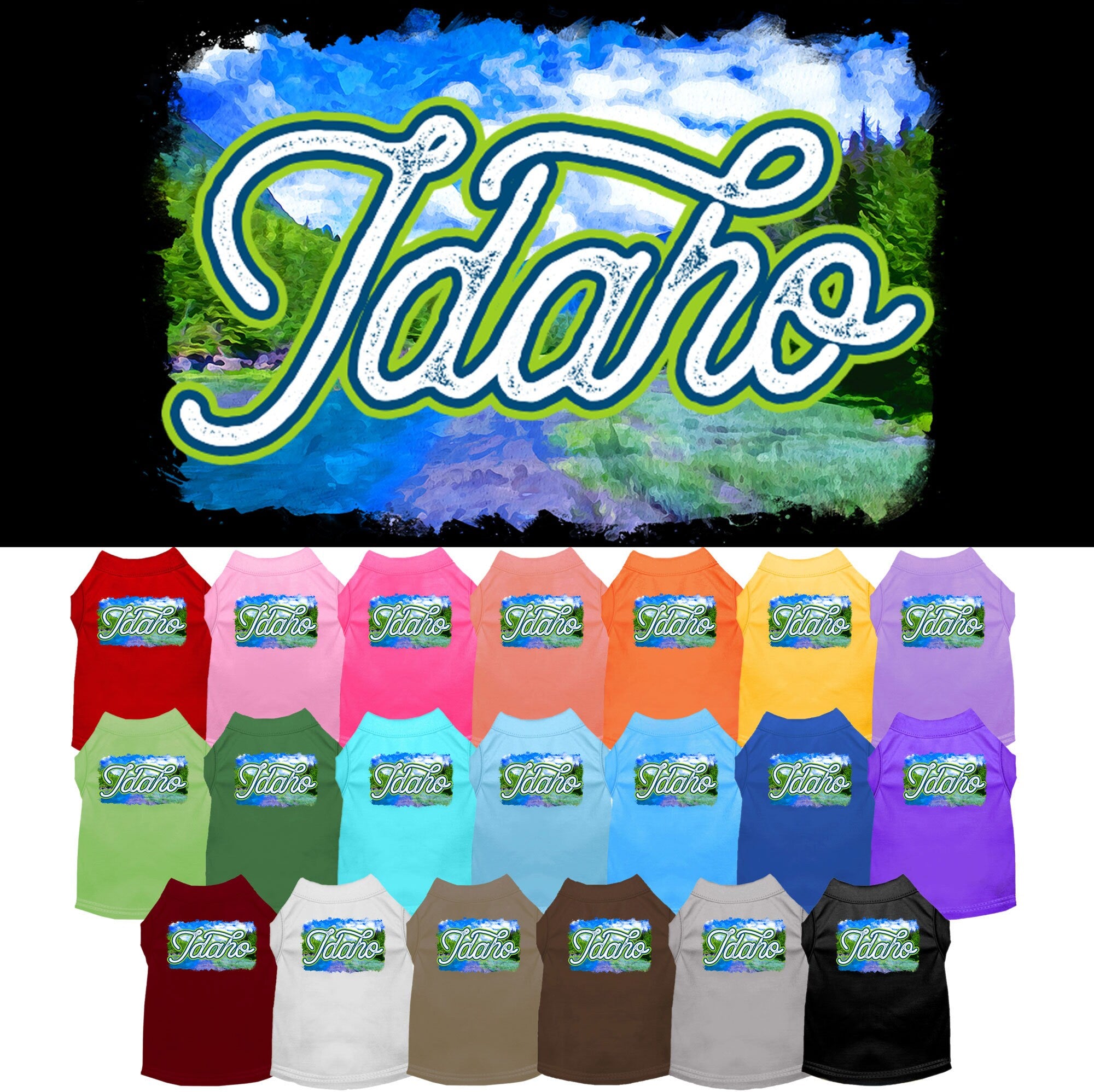 A medium to large pet wearing a soft, screen printed shirt with an Idaho Summer design, showcasing vibrant colors and a comfortable fit.