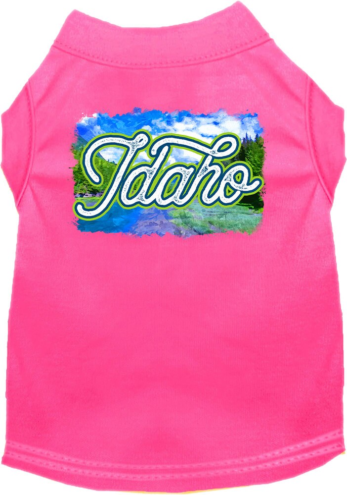 A medium to large pet wearing a soft, screen printed shirt with an Idaho Summer design, showcasing vibrant colors and a comfortable fit.