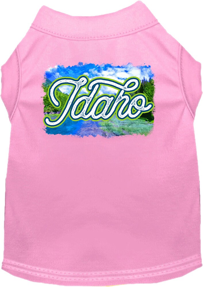 A medium to large pet wearing a soft, screen printed shirt with an Idaho Summer design, showcasing vibrant colors and a comfortable fit.