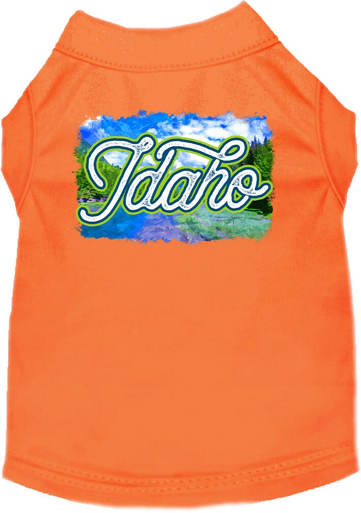 A medium to large pet wearing a soft, screen printed shirt with an Idaho Summer design, showcasing vibrant colors and a comfortable fit.