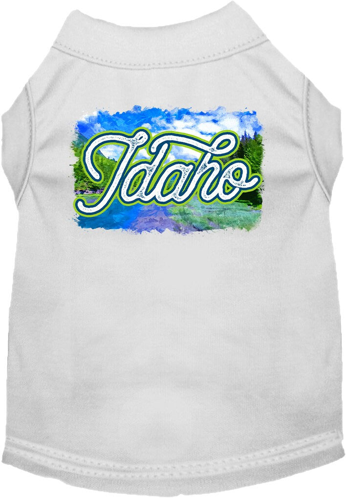A medium to large pet wearing a soft, screen printed shirt with an Idaho Summer design, showcasing vibrant colors and a comfortable fit.