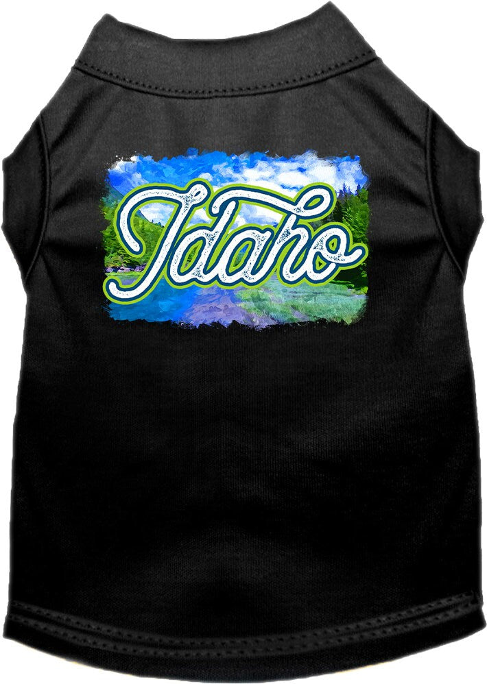 A medium to large pet wearing a soft, screen printed shirt with an Idaho Summer design, showcasing vibrant colors and a comfortable fit.