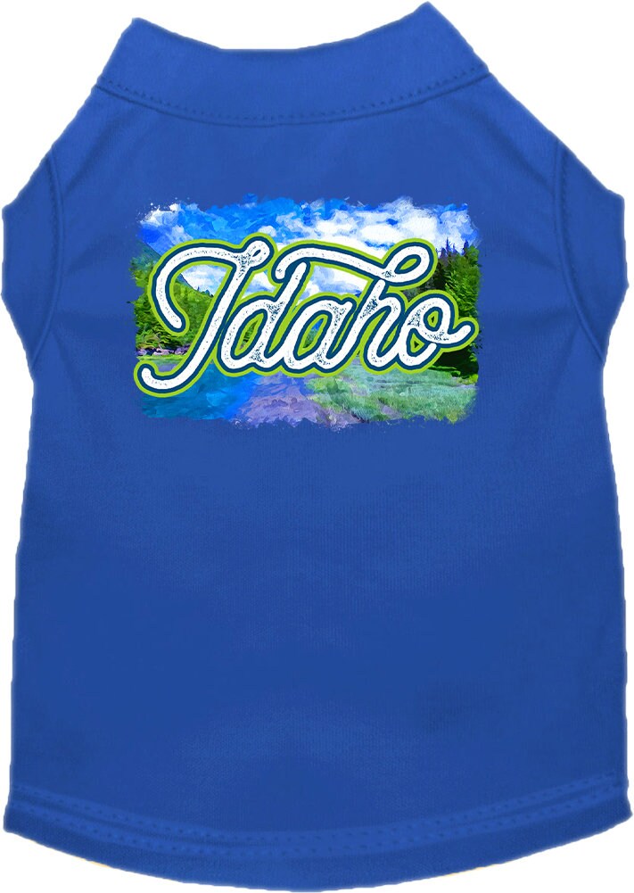 A medium to large pet wearing a soft, screen printed shirt with an Idaho Summer design, showcasing vibrant colors and a comfortable fit.