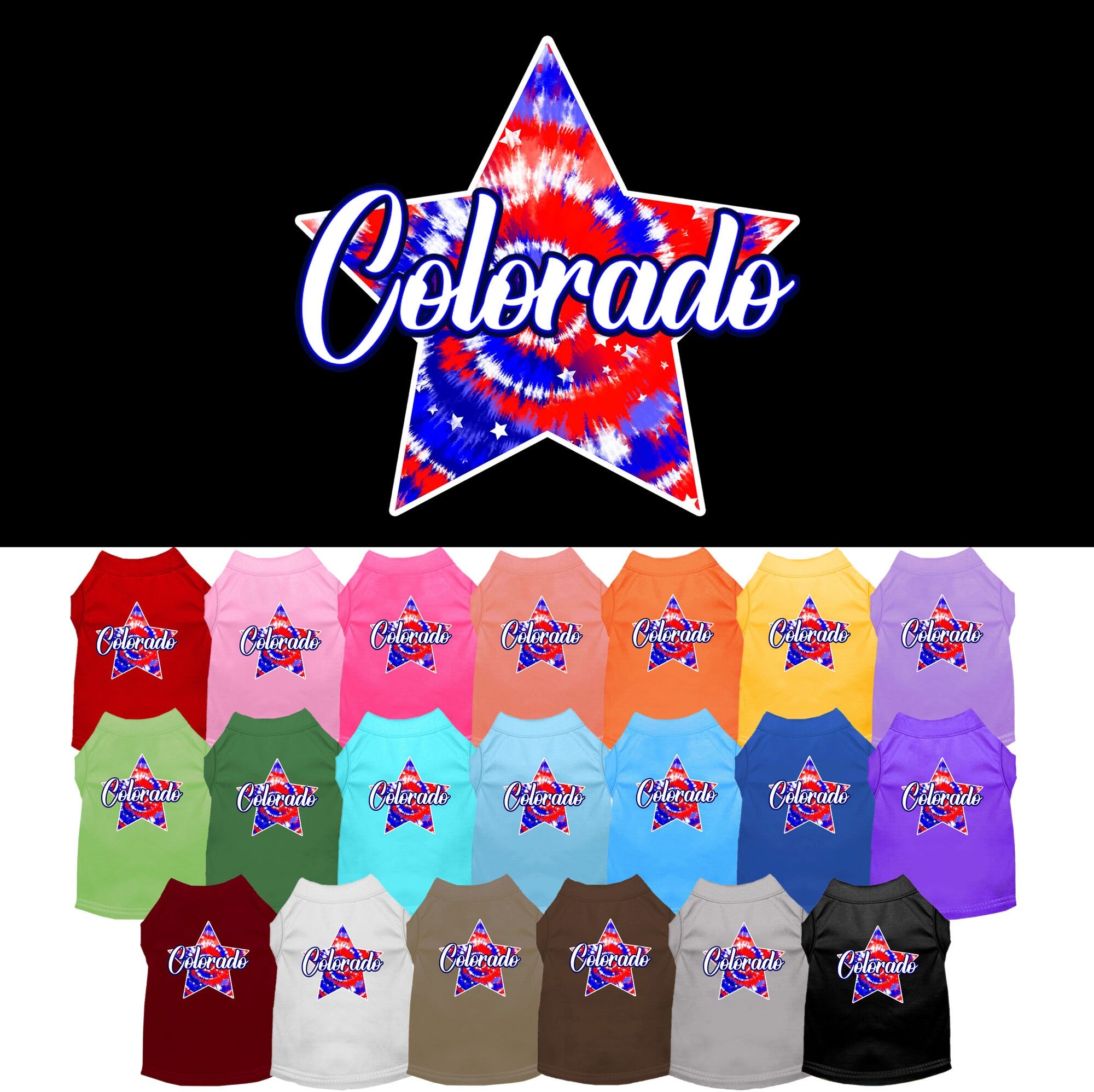 A medium to large pet wearing a Colorado Patriotic Tie Dye shirt, showcasing vibrant colors and a comfortable fit.