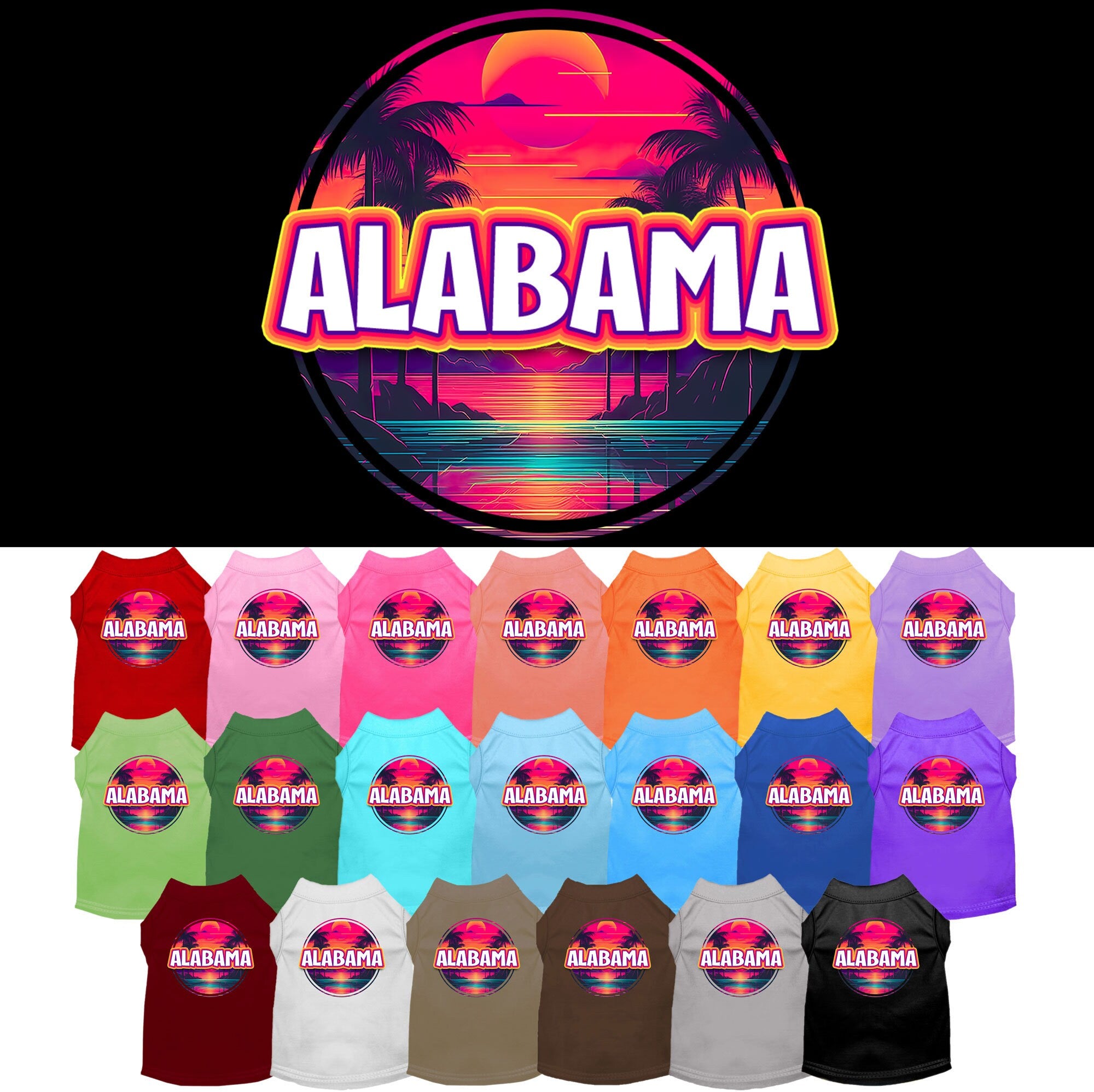 A vibrant screen printed shirt for medium to large pets featuring an Alabama Neon Beach Sunset design, showcasing its soft fabric and double-stitched seams.