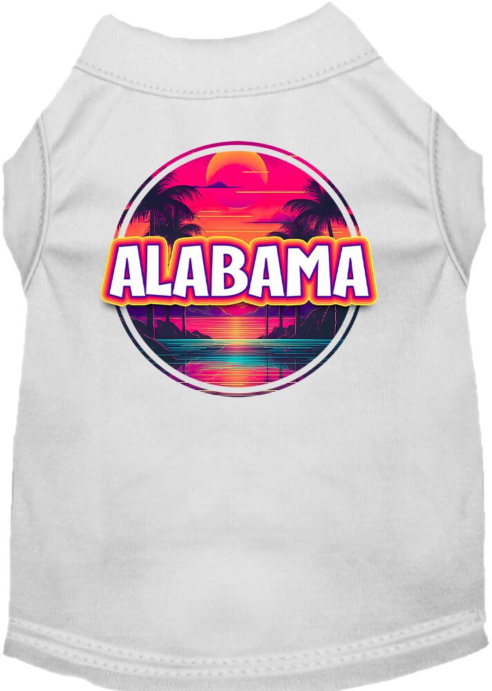 A vibrant screen printed shirt for medium to large pets featuring an Alabama Neon Beach Sunset design, showcasing its soft fabric and double-stitched seams.