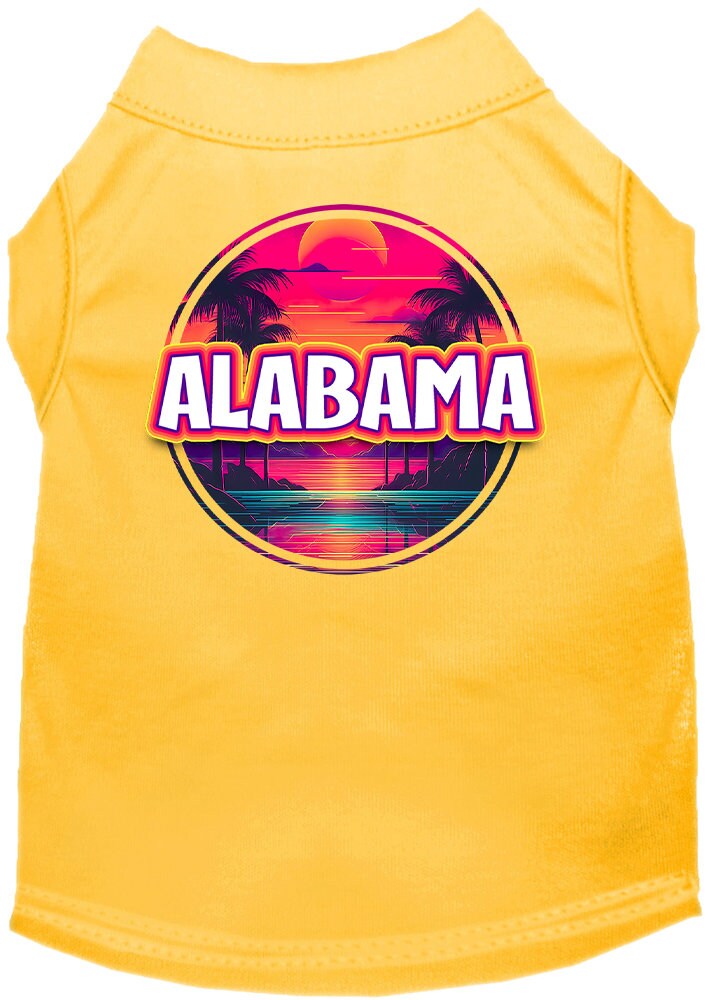 A vibrant screen printed shirt for medium to large pets featuring an Alabama Neon Beach Sunset design, showcasing its soft fabric and double-stitched seams.