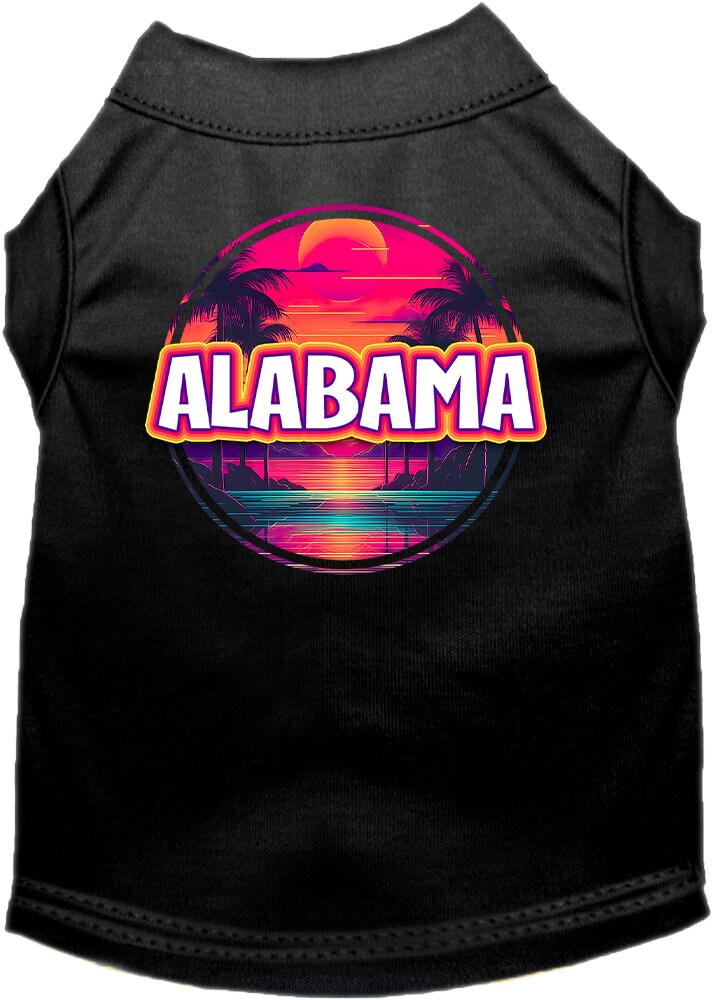 A vibrant screen printed shirt for medium to large pets featuring an Alabama Neon Beach Sunset design, showcasing its soft fabric and double-stitched seams.