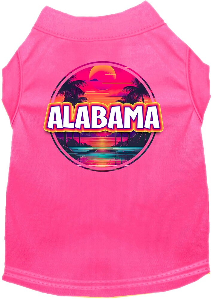 A vibrant screen printed shirt for medium to large pets featuring an Alabama Neon Beach Sunset design, showcasing its soft fabric and double-stitched seams.