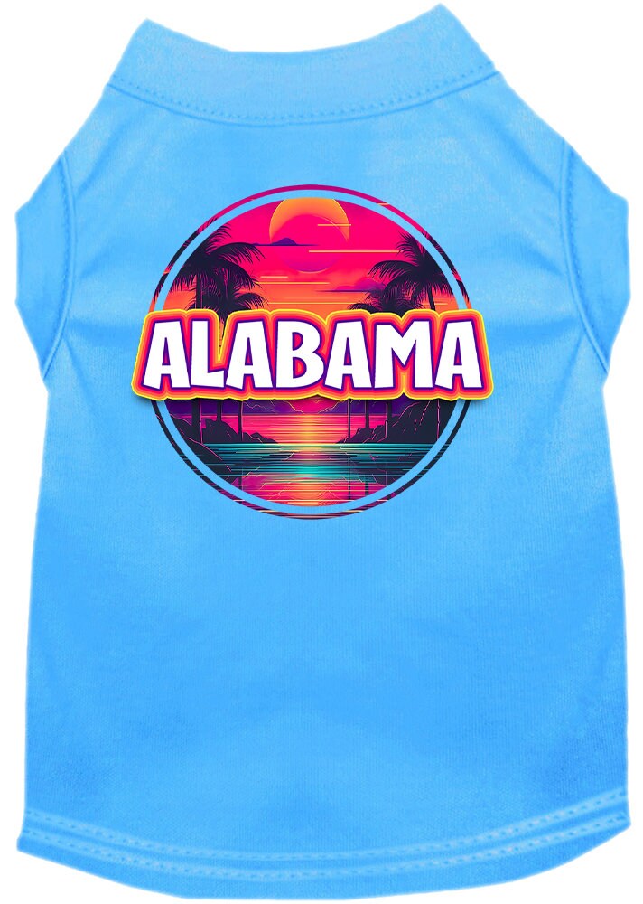 A vibrant screen printed shirt for medium to large pets featuring an Alabama Neon Beach Sunset design, showcasing its soft fabric and double-stitched seams.