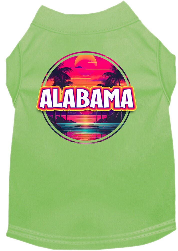 A vibrant screen printed shirt for medium to large pets featuring an Alabama Neon Beach Sunset design, showcasing its soft fabric and double-stitched seams.