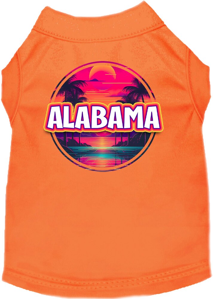 A vibrant screen printed shirt for medium to large pets featuring an Alabama Neon Beach Sunset design, showcasing its soft fabric and double-stitched seams.