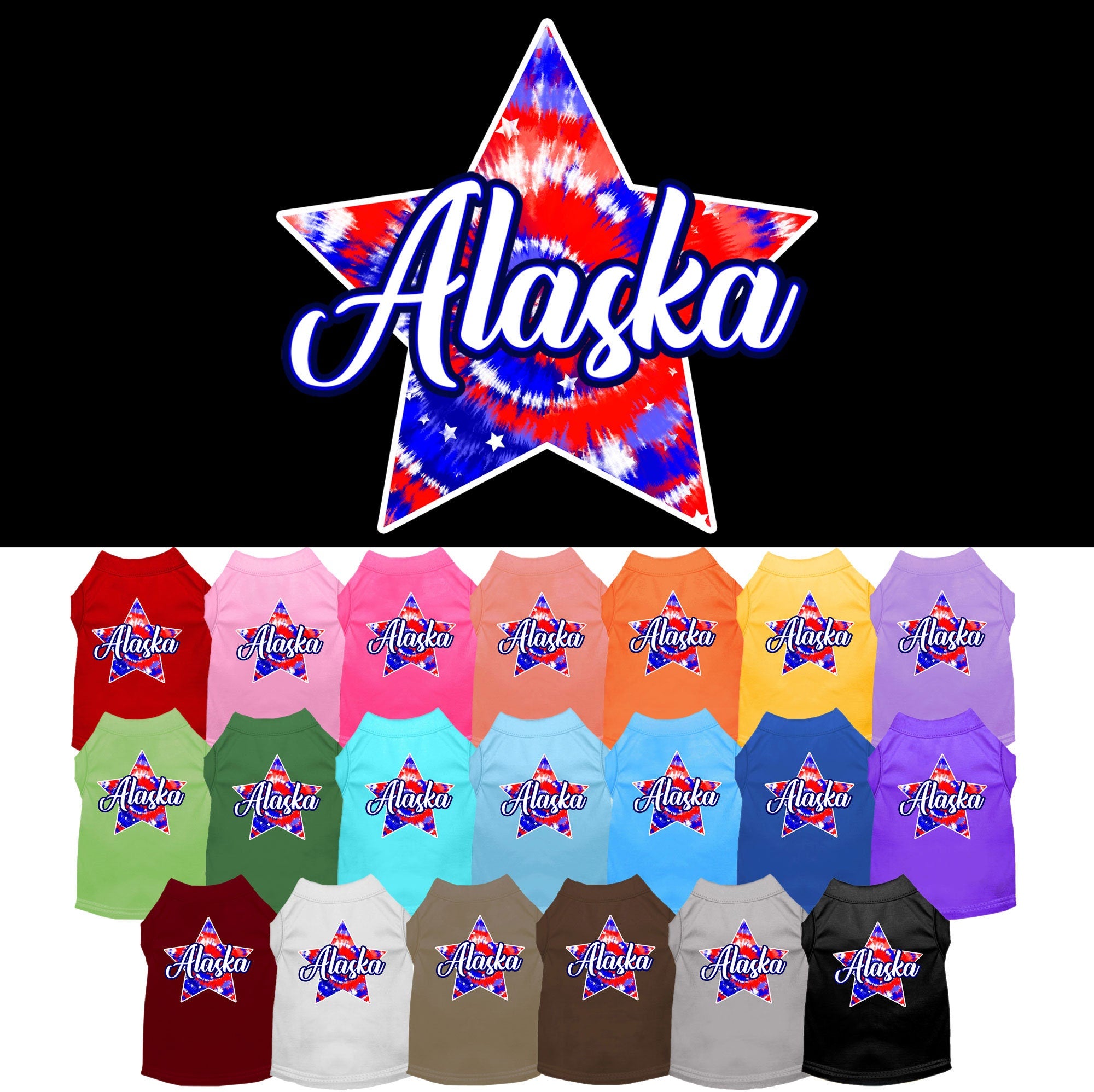 A medium to large pet wearing a colorful Alaska Patriotic Tie Dye shirt, showcasing its vibrant design and comfortable fit.