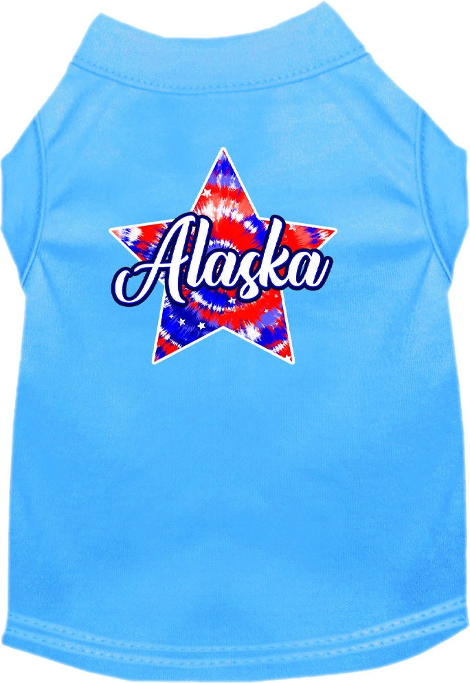 A medium to large pet wearing a colorful Alaska Patriotic Tie Dye shirt, showcasing its vibrant design and comfortable fit.