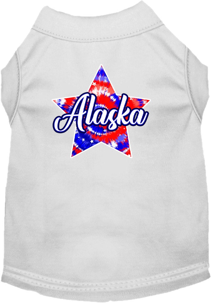A medium to large pet wearing a colorful Alaska Patriotic Tie Dye shirt, showcasing its vibrant design and comfortable fit.