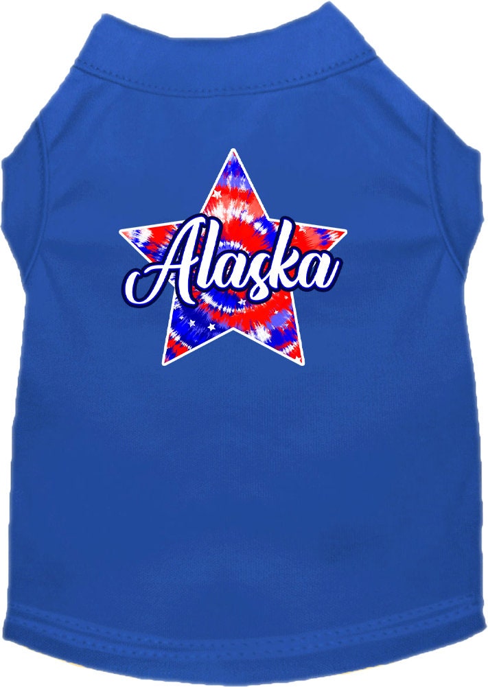 A medium to large pet wearing a colorful Alaska Patriotic Tie Dye shirt, showcasing its vibrant design and comfortable fit.