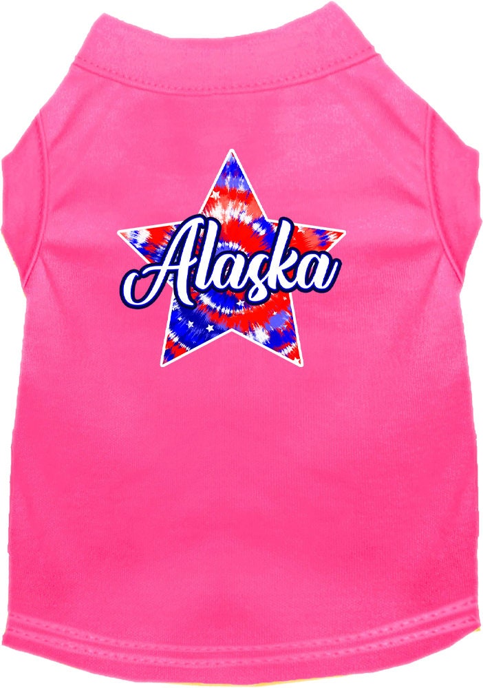 A medium to large pet wearing a colorful Alaska Patriotic Tie Dye shirt, showcasing its vibrant design and comfortable fit.