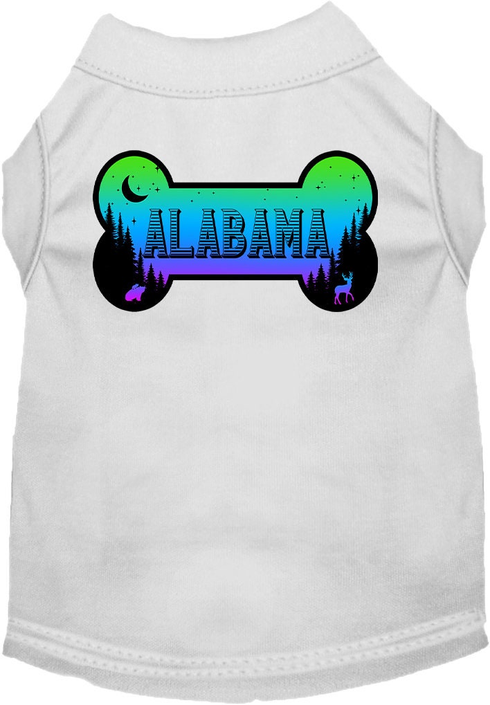 A stylish screen printed shirt for medium to large dogs and cats, featuring the design 'Alabama Mountain Shades' in vibrant colors.