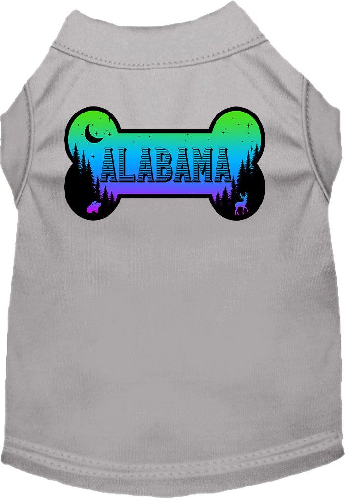 A stylish screen printed shirt for medium to large dogs and cats, featuring the design 'Alabama Mountain Shades' in vibrant colors.
