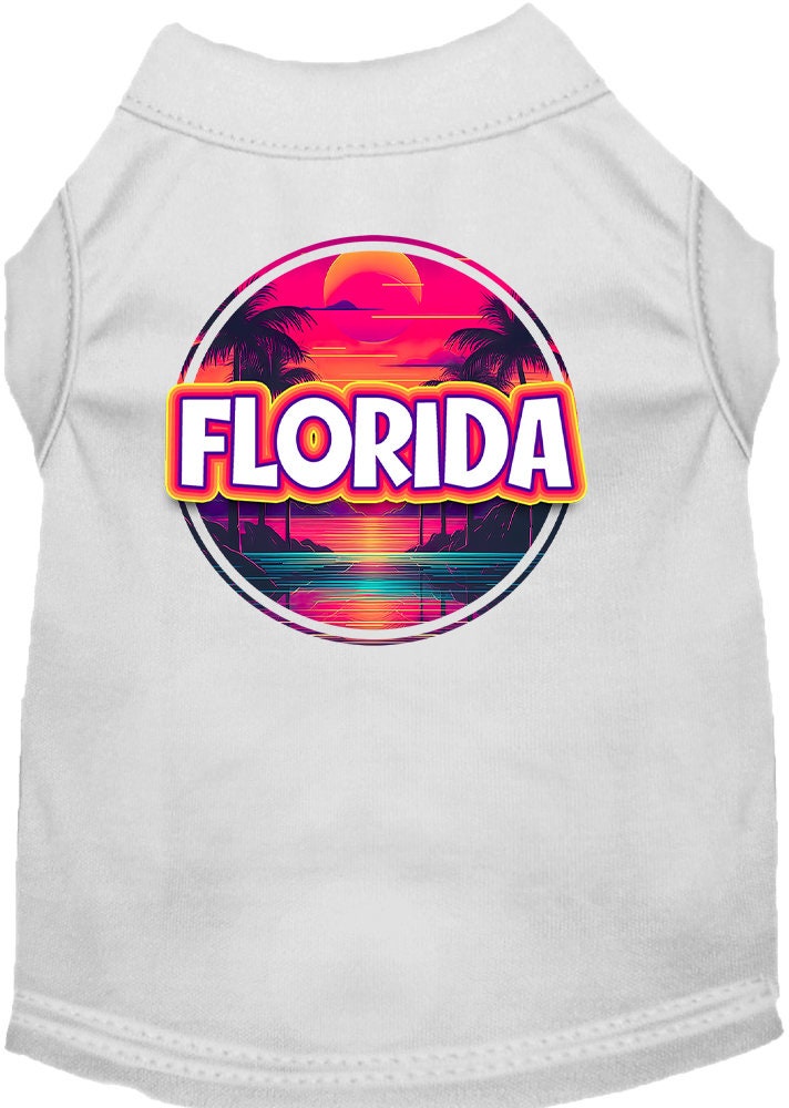 A vibrant screen printed shirt for medium to large pets featuring a Florida Neon Beach Sunset design, showcasing bright colors and a comfortable fit.