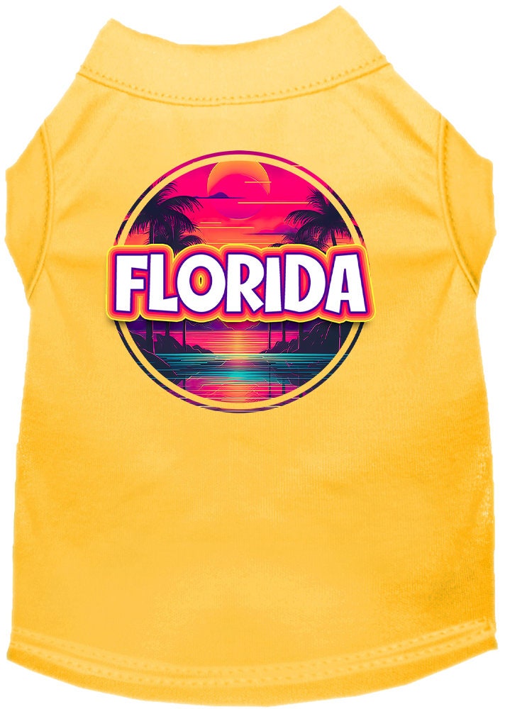 A vibrant screen printed shirt for medium to large pets featuring a Florida Neon Beach Sunset design, showcasing bright colors and a comfortable fit.
