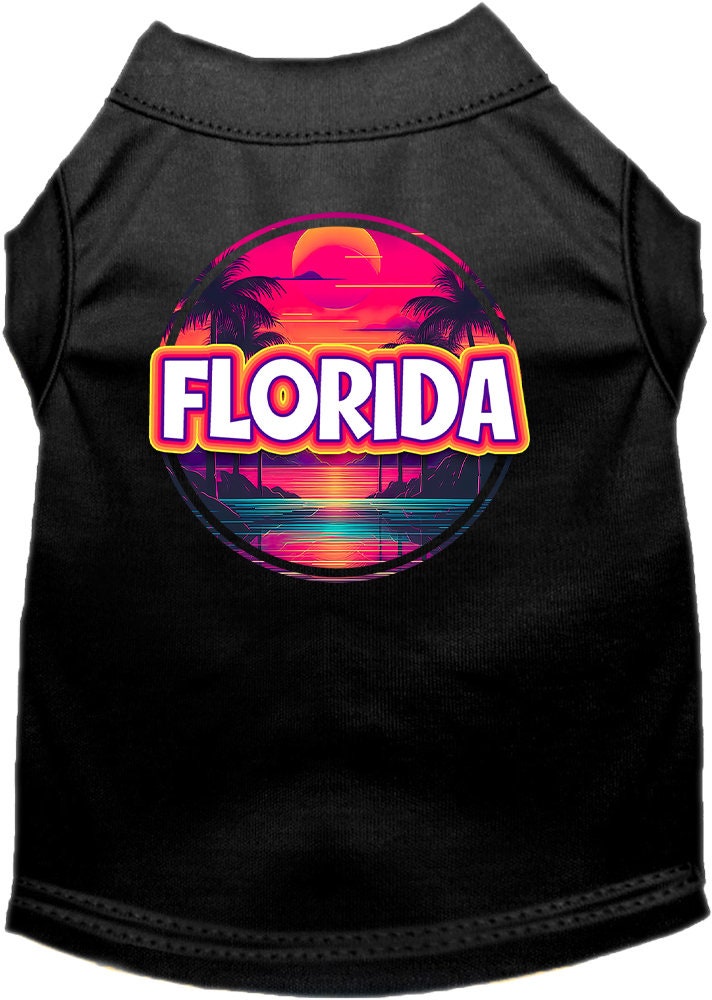 A vibrant screen printed shirt for medium to large pets featuring a Florida Neon Beach Sunset design, showcasing bright colors and a comfortable fit.