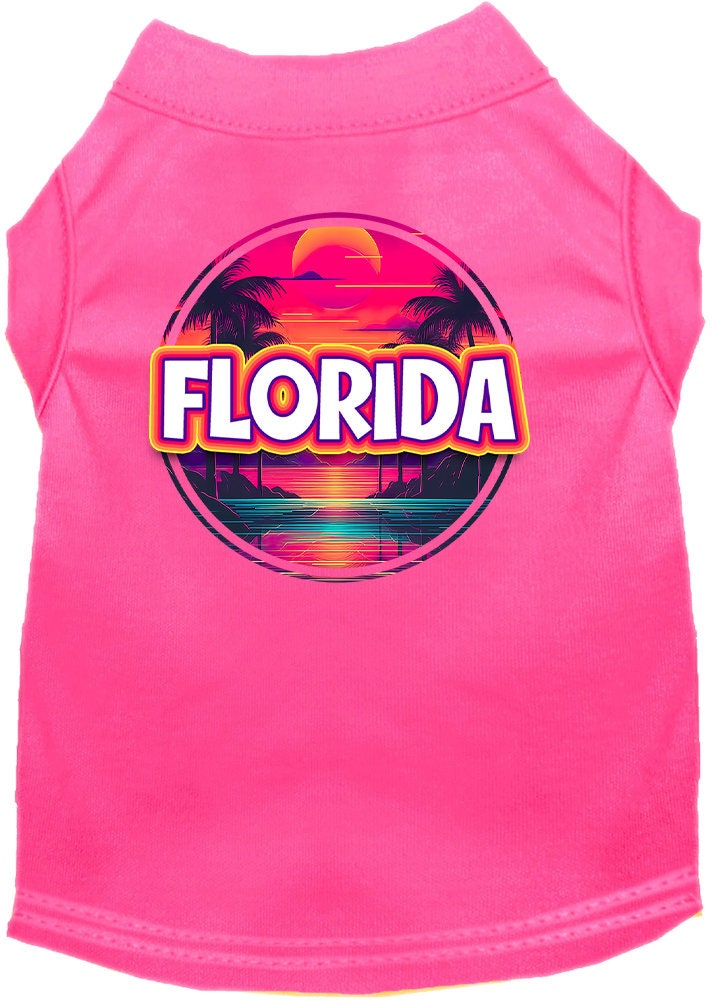 A vibrant screen printed shirt for medium to large pets featuring a Florida Neon Beach Sunset design, showcasing bright colors and a comfortable fit.