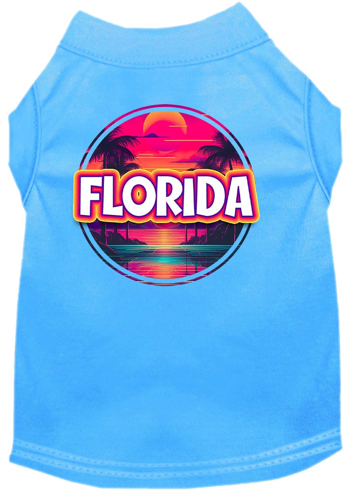 A vibrant screen printed shirt for medium to large pets featuring a Florida Neon Beach Sunset design, showcasing bright colors and a comfortable fit.